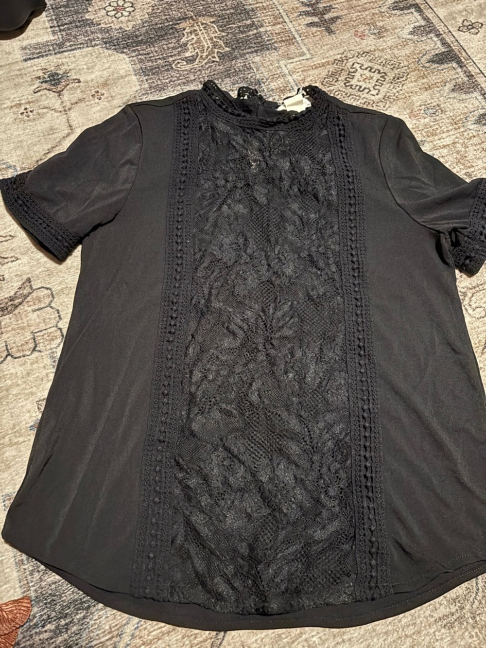Black Lace-Front Short Sleeve Women's Top